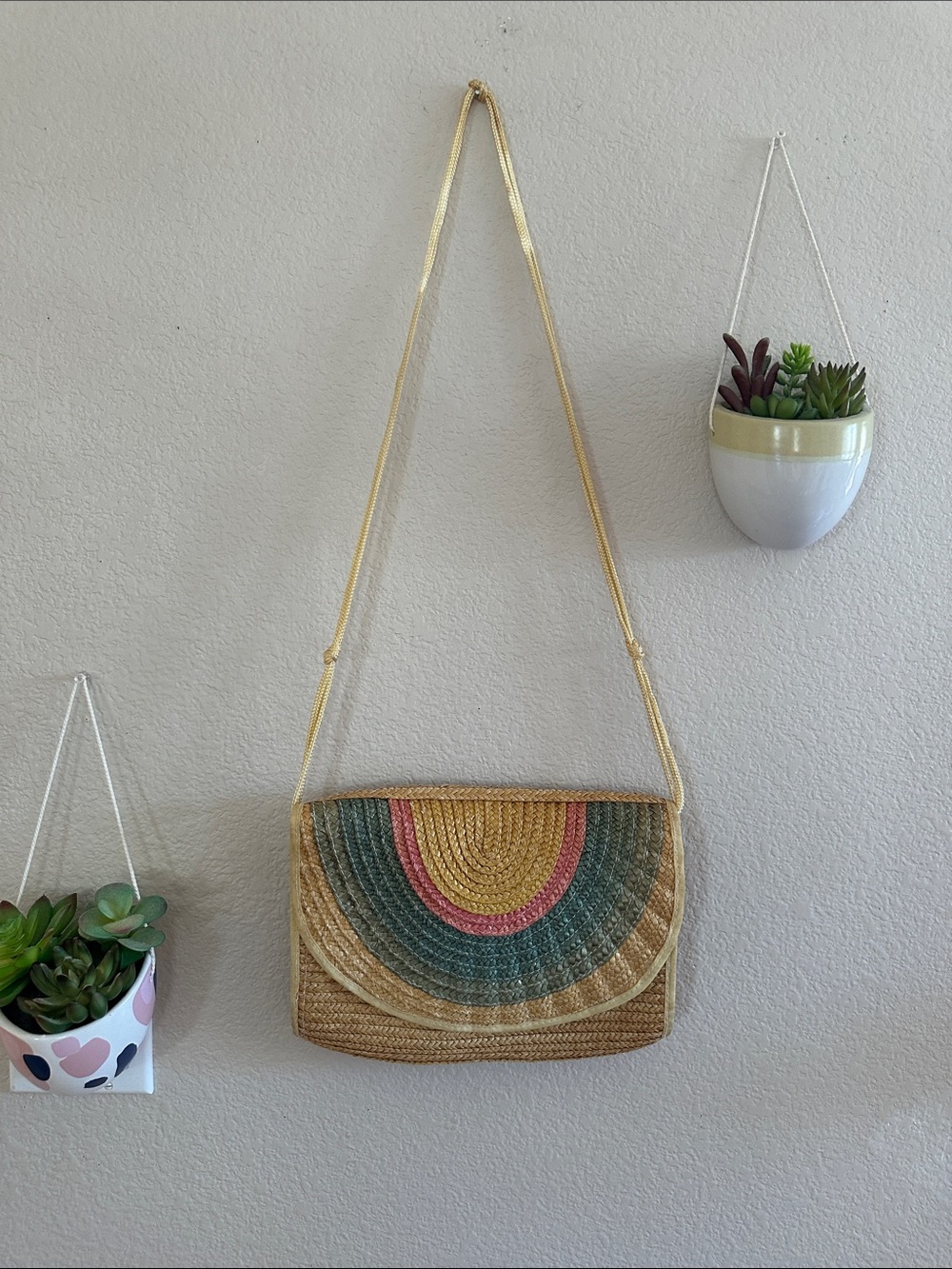 Vintage Straw Rainbow Crossbody Bag 80s 70s